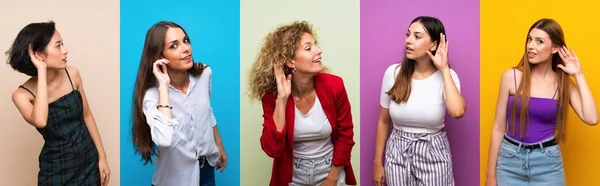 Conjunto Mujeres Sobre Fondo Colorido Aislado Escuchando Algo Poniendo Mano — Foto de Stock