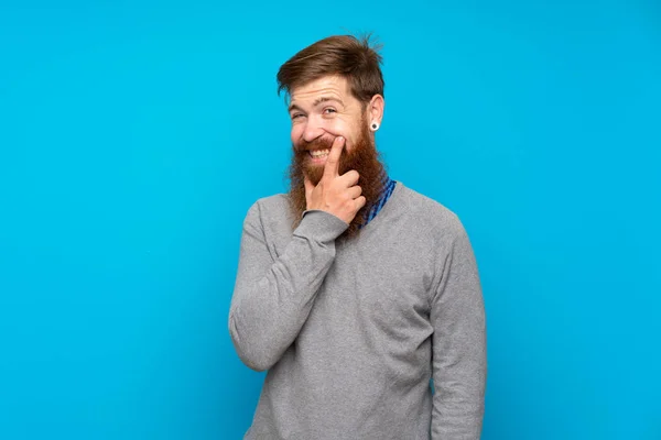 Redhead Man Long Beard Isolated Blue Background Smiling — Stock Photo, Image