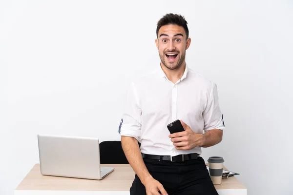 Young Business Man Mobile Phone Workplace Surprise Facial Expression — Stock Photo, Image