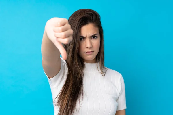 Teenager Girl Isolated Blue Background Showing Thumb Negative Expression — Stock Photo, Image