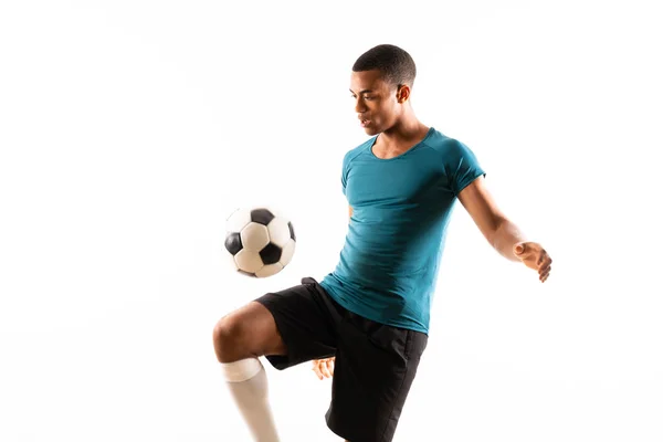 Afro Jogador Futebol Americano Homem Sobre Fundo Branco Isolado — Fotografia de Stock