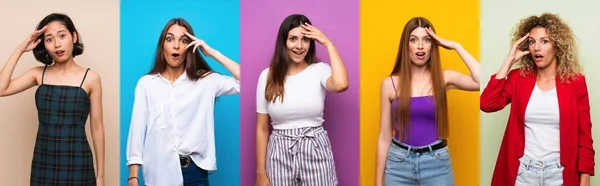 Conjunto Mujeres Sobre Fondo Colorido Aislado Acaba Darse Cuenta Algo — Foto de Stock