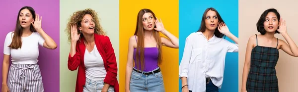 Conjunto Mujeres Sobre Fondo Colorido Aislado Escuchando Algo Poniendo Mano — Foto de Stock