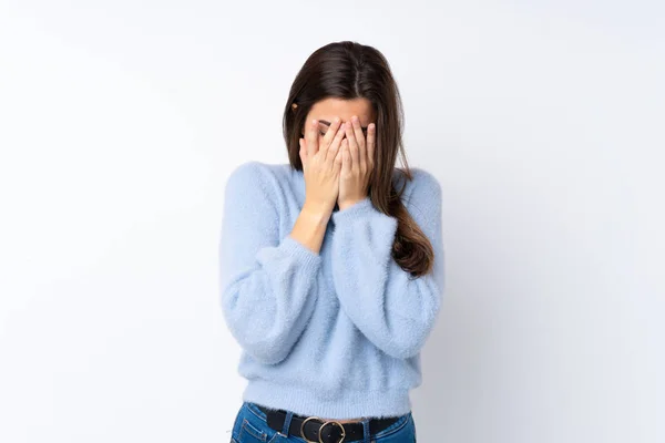 Menina Adolescente Sobre Fundo Branco Isolado Com Expressão Cansada Doente — Fotografia de Stock