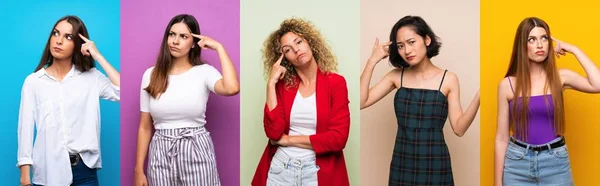 Conjunto Mujeres Sobre Fondo Colorido Aislado Haciendo Gesto Locura Poniendo — Foto de Stock