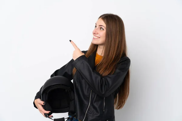 Donna Con Casco Moto Che Punta Con Indice Una Grande — Foto Stock