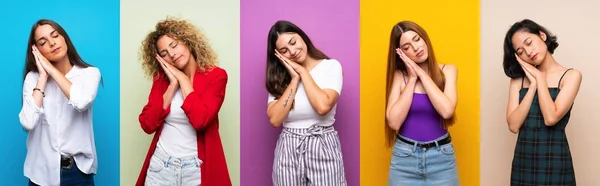 Set Donne Sfondo Colorato Isolato Rendendo Gesto Del Sonno Espressione — Foto Stock