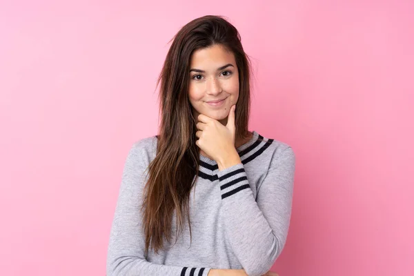 Teenager Girl Isolated Pink Background Laughing — Stock Photo, Image
