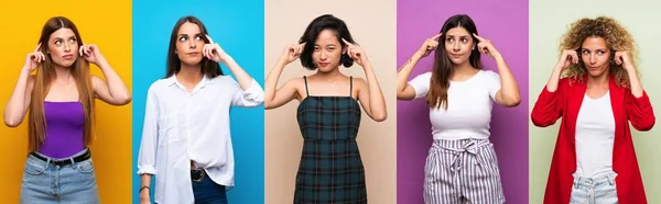 Set Wanita Atas Latar Belakang Penuh Warna Yang Terisolasi Memiliki — Stok Foto