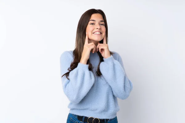 Teenagerka Izolovaném Bílém Pozadí Usmívá Šťastným Příjemným Výrazem — Stock fotografie