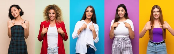 Set Von Frauen Über Isolierten Bunten Hintergrund Mit Überraschung Gesichtsausdruck — Stockfoto