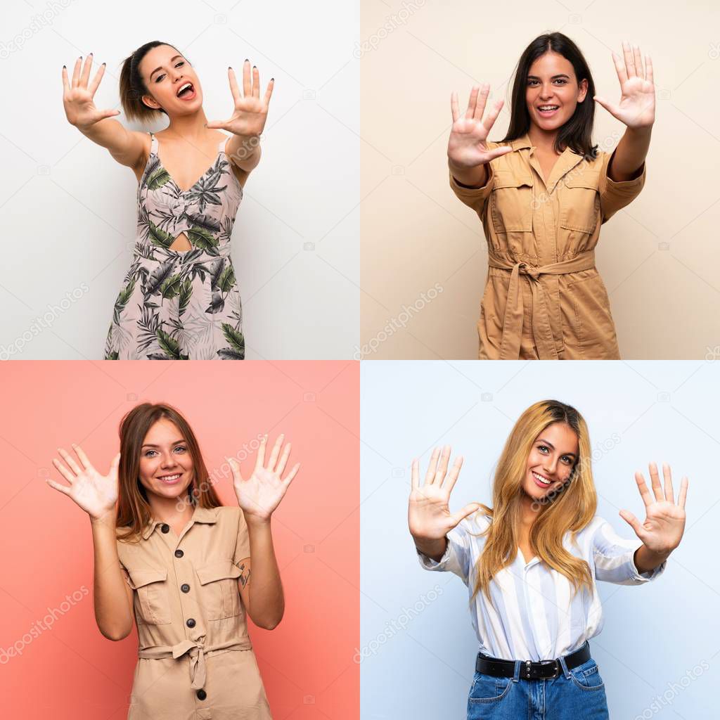 Set of women over isolated backgrounds counting ten with fingers