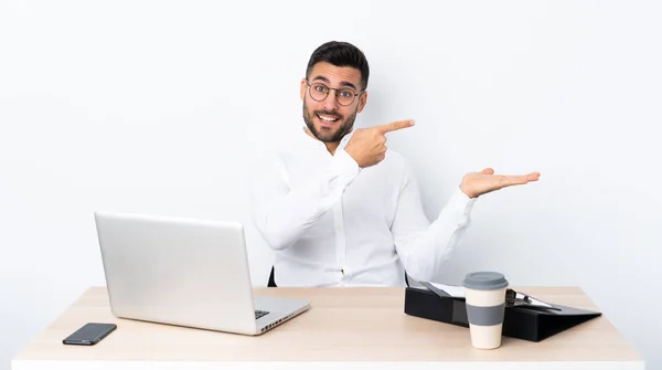Young Businessman Workplace Holding Copyspace Imaginary Palm Insert — 스톡 사진