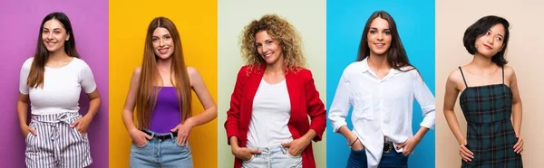 Set Donne Sfondo Colorato Isolato Ridere — Foto Stock