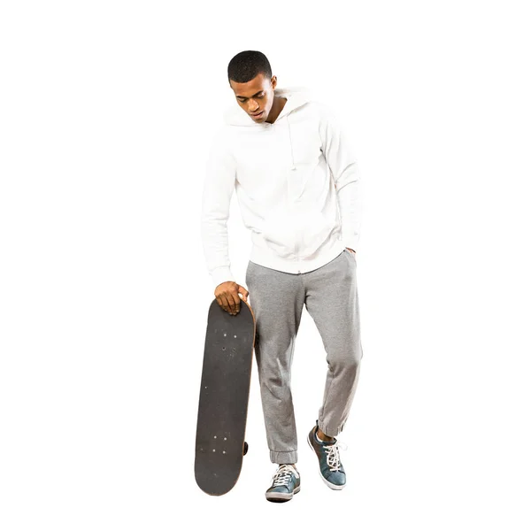 Full Length Shot Afro American Skater Man Isolated White Background — Stok Foto