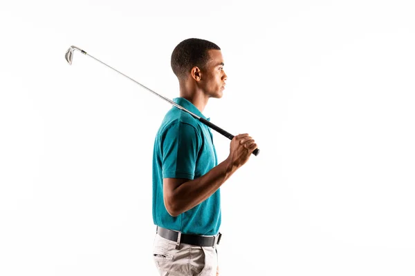 Afro Amerikaanse Golfer Speler Man Geïsoleerde Witte Achtergrond — Stockfoto