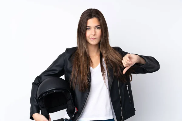 Young Woman Motorcycle Helmet Isolated White Background Showing Thumb Sign — 스톡 사진