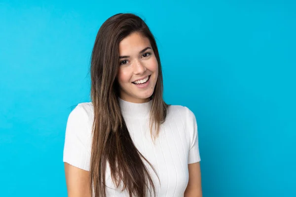 Adolescente Chica Sobre Aislado Azul Fondo Sonriendo —  Fotos de Stock
