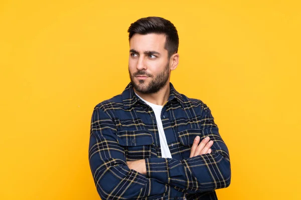 Young Handsome Man Beard Isolated Yellow Background Portrait — 스톡 사진