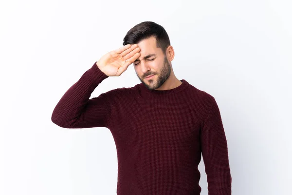 Jonge Knappe Man Met Baard Geïsoleerde Witte Achtergrond Met Vermoeide — Stockfoto