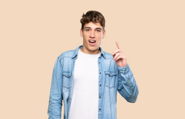 Handsome Young Man Thinking Idea Pointing Finger Isolated Background — 스톡 사진