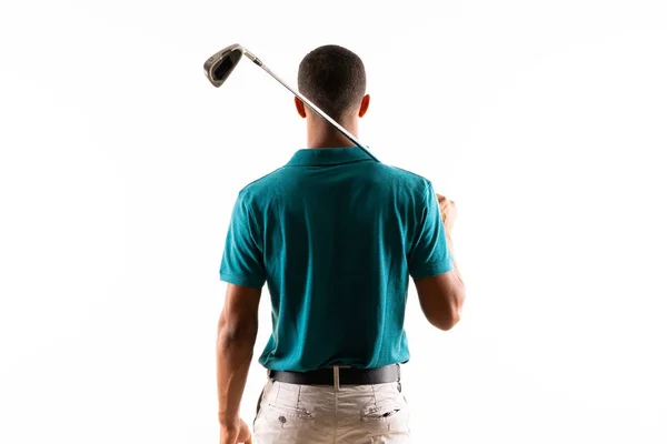 Afro Amerikaanse golfer speler man over geïsoleerde witte achtergrond — Stockfoto