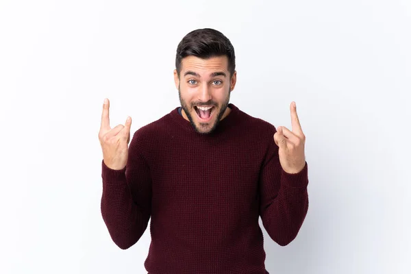 Joven Hombre Guapo Con Barba Sobre Fondo Blanco Aislado Haciendo —  Fotos de Stock