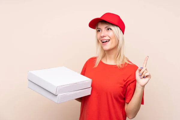 Pizza Delivery Russian Woman Holding Pizza Isolated Wall Intending Realizes — 스톡 사진