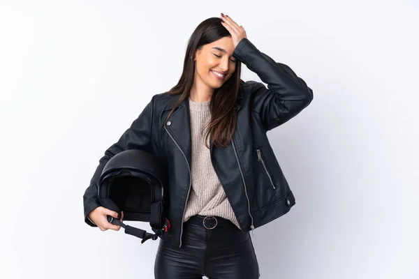 Young Brunette Woman Motorcycle Helmet Isolated White Background Has Realized — 스톡 사진