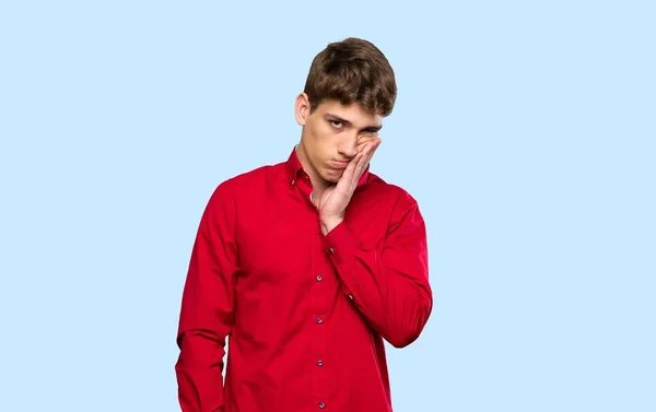 Handsome Young Man Unhappy Frustrated Isolated Blue Background — 스톡 사진