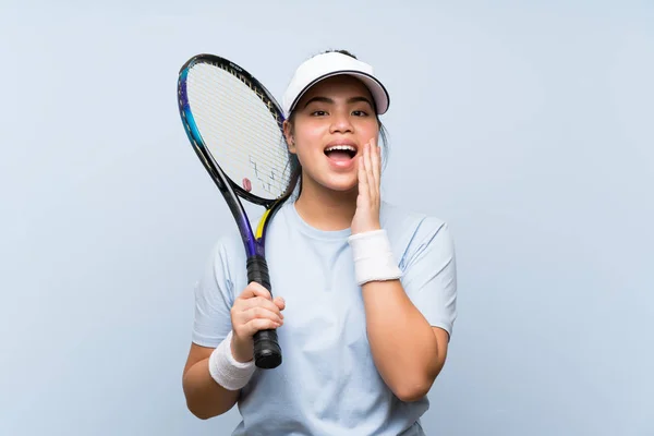 Young Teenager Asian Girl Playing Tennis Surprise Shocked Facial Expression — ストック写真