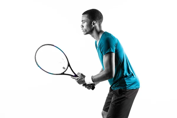 Afro American tennis player man over isolated white background — Stock Photo, Image