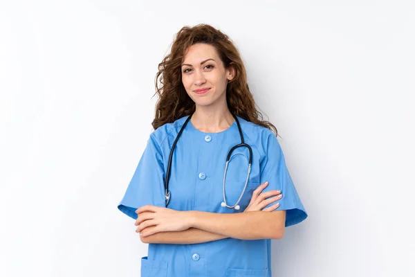 Jovem Mulher Bonita Sobre Fundo Isolado Com Vestido Médico — Fotografia de Stock