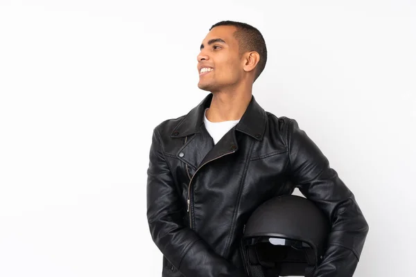 Joven Hombre Guapo Con Casco Motocicleta Sobre Fondo Blanco Aislado — Foto de Stock