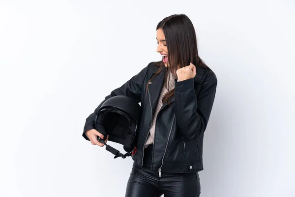 Young Brunette Woman Motorcycle Helmet Isolated White Background Celebrating Victory — 스톡 사진