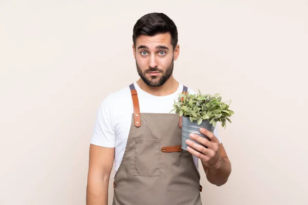 Jardineiro Homem Segurando Uma Planta Sobre Fundo Isolado Pleading — Fotografia de Stock