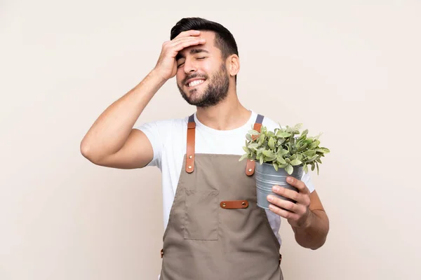 Jardinero Hombre Sosteniendo Una Planta Sobre Aislado Fondo Riendo —  Fotos de Stock