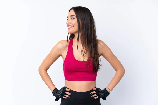 Young Sport Brunette Woman Isolated White Background Posing Arms Hip — 스톡 사진