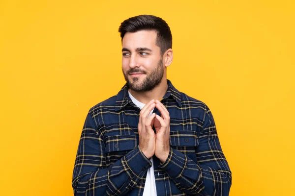 Young Handsome Man Beard Isolated Yellow Background Scheming Something — 스톡 사진
