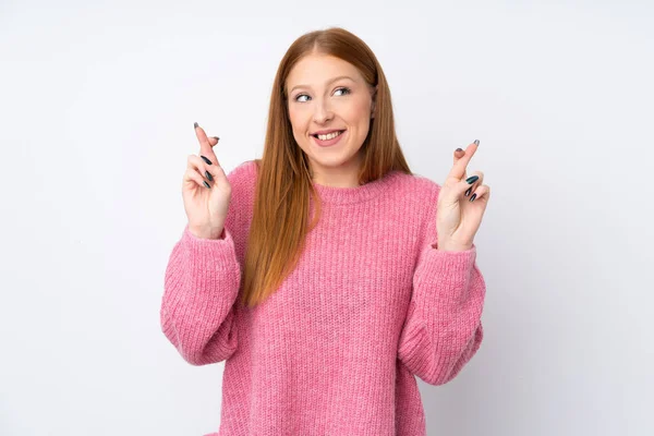 Young Redhead Woman Pink Sweater Isolated White Background Fingers Crossing — Stock Photo, Image