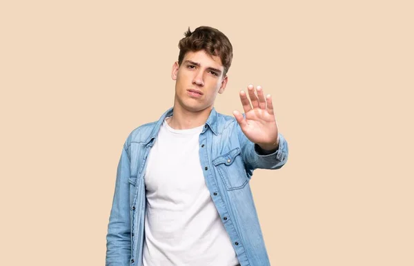Handsome Young Man Making Stop Gesture Isolated Background — 스톡 사진