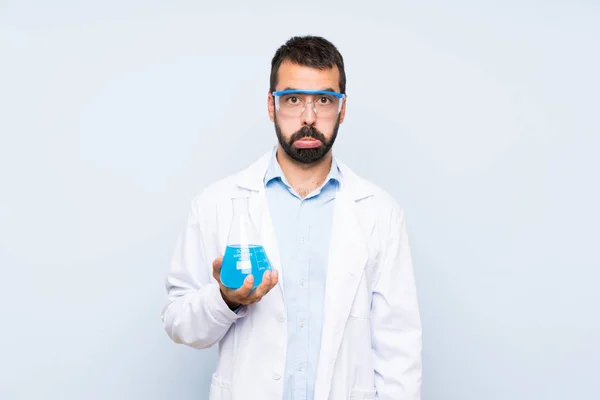 Young Scientific Holding Laboratory Flask Isolated Background Sad Depressed Expression — 스톡 사진