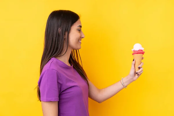 Young Brunette Woman Cornet Ice Cream Isolated Yellow Background Happy — 스톡 사진