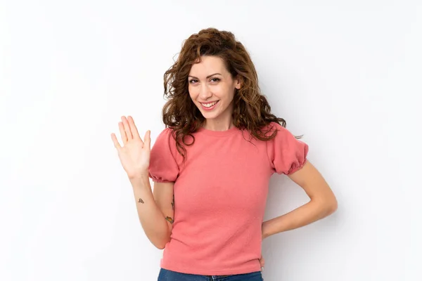 Young Pretty Woman Isolated Background Saluting Hand Happy Expression — ストック写真