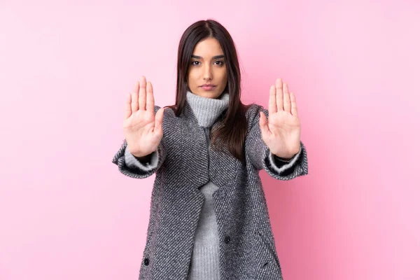 Young Brunette Woman Isolated Pink Background Making Stop Gesture Disappointed — 스톡 사진