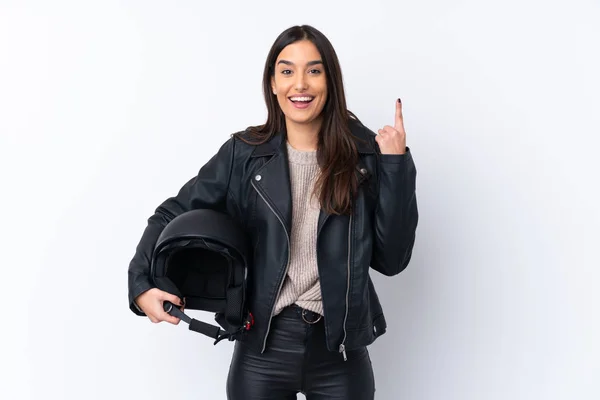 Mujer Morena Joven Con Casco Moto Sobre Fondo Blanco Aislado —  Fotos de Stock