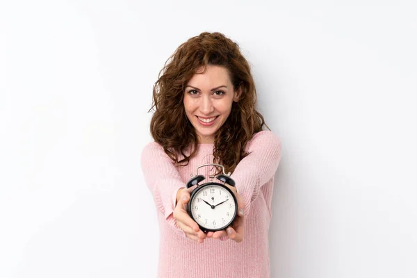 Young Pretty Woman Isolated Background Holding Vintage Alarm Clock — Stock Photo, Image