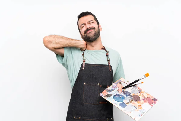 Ung Konstnär Man Håller Palett Över Isolerad Bakgrund Med Neckache — Stockfoto