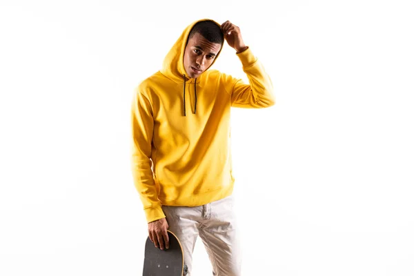 Afro American skater man over isolated white background — Stok Foto