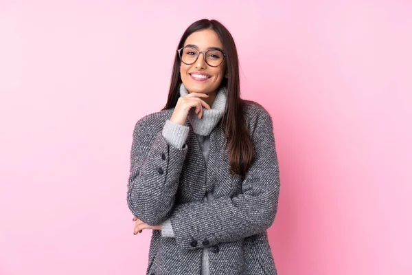 Young Brunette Woman Isolated Pink Background Glasses Smiling — 스톡 사진